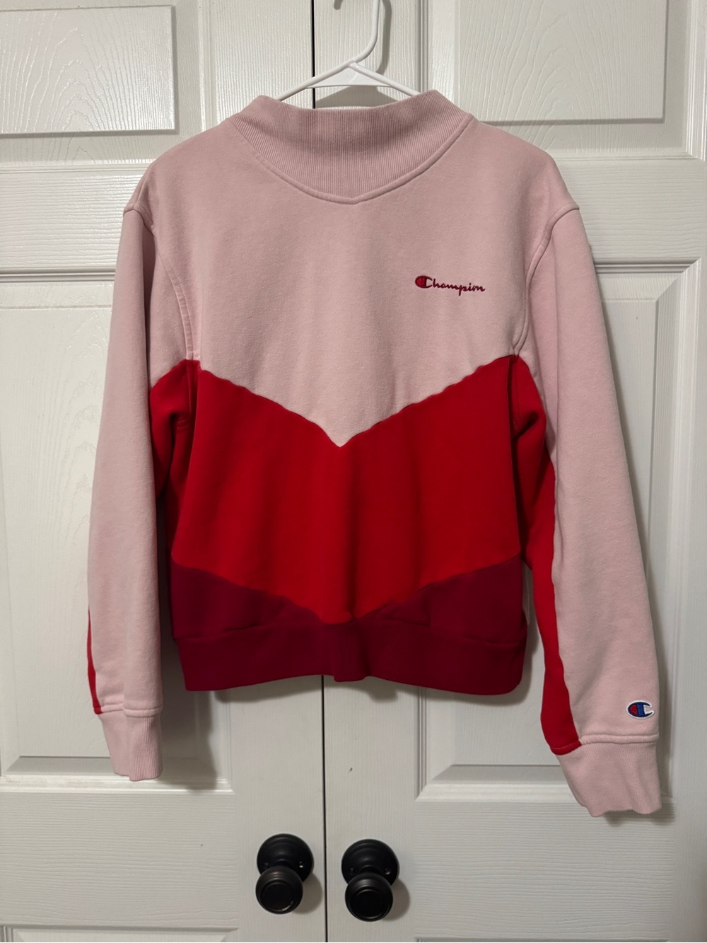 Champion Pink and Red Chevron Colorblock Crewneck Sweatshirt
